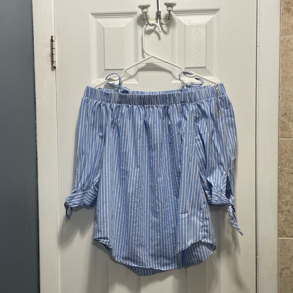 Blue/ White off the shoulder shirt